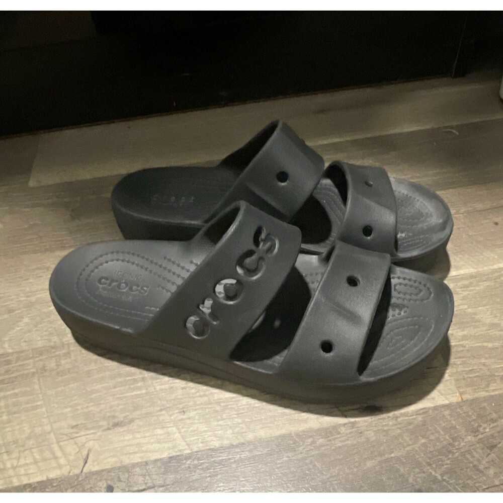 Crocs Women's Black Slide Sandals Logo Accent Comfort Slip On Casual Size 9